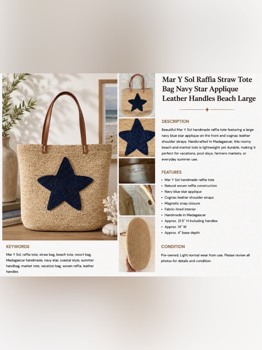 Mar Y Sol Raffia Straw Tote Bag Navy Star Applique Leather Handles Beach Large
